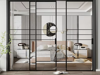 Modern Bedroom Interior With Black Frame Glass Sliding Door And Decorative Elements 3d model