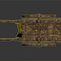 Ancient Wooden Cart With Large Spoked Wheels And Yellow Flags With Black Spiral Patterns