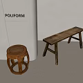 Rustic Wooden Stools And Bench With Carved Design In Interior Setting 3d model