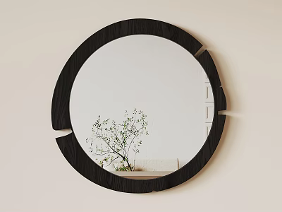 Circular Mirror with Black Wooden Frame and Reflection of Green Plants on Light Colored Wall 3d model