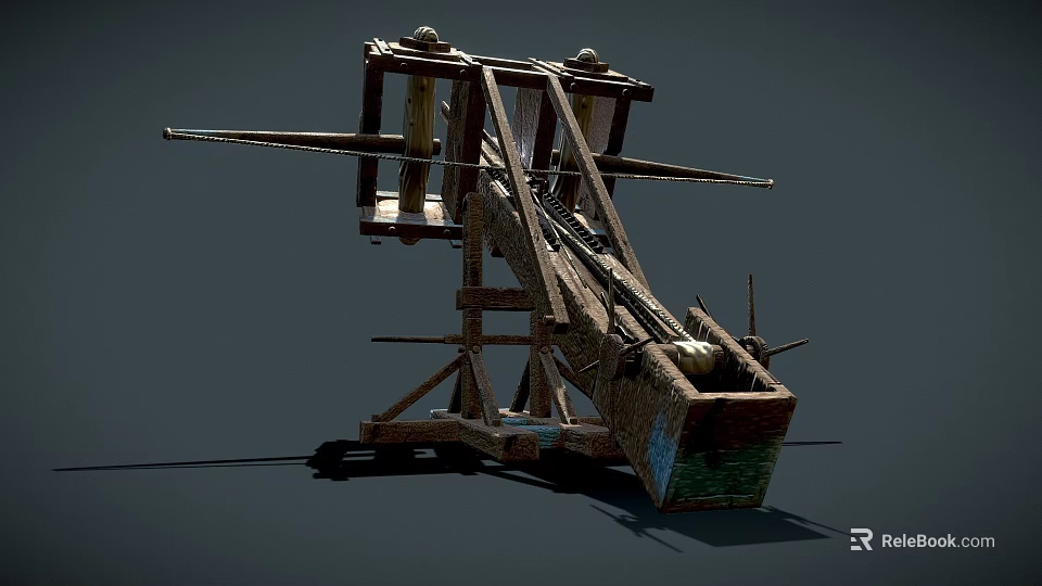 Ancient Medieval Siege Weapon Wooden Catapult with Mechanical Structure and Historical War Design 3d model 