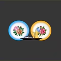 Colorful Household Items Including Blue Yellow Plates And Golden Teapot On Pink Tray
