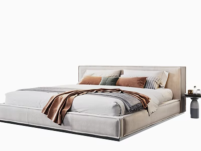 Modern Double Bed with Light Headboard Decorative Pillows Blanket and Bedside Table 3d model