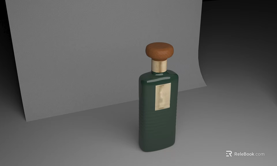 Elegant Wine Bottle And Glass With Green Body Wooden Cap Gold Label On Minimalist Background 3d model 