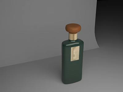 Elegant Wine Bottle And Glass With Green Body Wooden Cap Gold Label On Minimalist Background 3d model