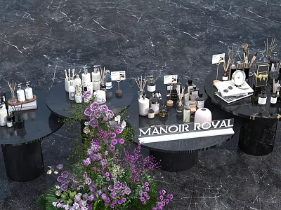 Luxury Tea Break Area With Round Black Tables Floral Decor And Manoir Royal Sign 3d model
