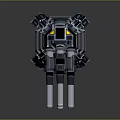Futuristic Mechanical Turret With Multiple Barrels And Metallic Blue Yellow Details