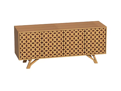 Brown Wooden TV Stand With Geometric Cutout Patterns Curved Legs And Functional Storage 3d model