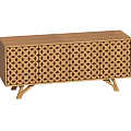 Brown Wooden TV Stand With Geometric Cutout Patterns Curved Legs And Functional Storage