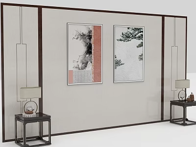 Chinese Style Background Wall With Decorative Paintings And Side Tables 3d model