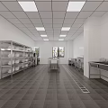 Commercial Kitchen With Stainless Steel Equipment White Walls Ceiling Lights Windows And Central Workbench