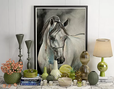 Elegant Decorative Ornament Collection Featuring Horse Painting Vases Candle Holders And Table Lamp 3d model