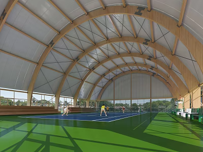 Indoor Sports Fitness Gymnasium Featuring Wooden Arched Roof Green Blue Flooring And Exercising People 3d model
