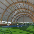 Indoor Sports Fitness Gymnasium Featuring Wooden Arched Roof Green Blue Flooring And Exercising People