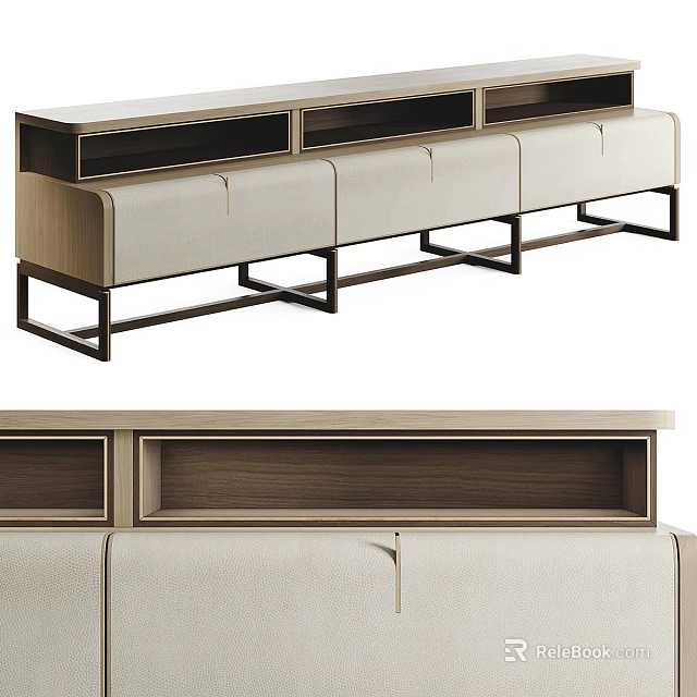 Modern TV Stand With Wooden Panels Leather Drawers And Metal Legs 3d model 