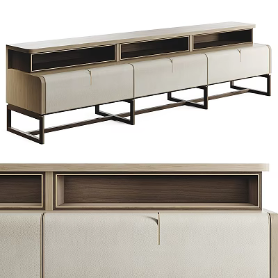 Modern TV Stand With Wooden Panels Leather Drawers And Metal Legs 3d model