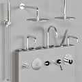 Golden Bathroom Faucet Set With Multiple Shower Heads And Accessories On Gray Countertop