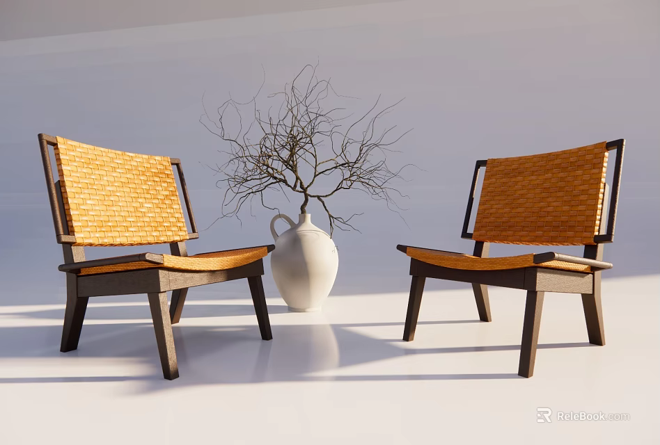 Modern Leisure Chairs With Wooden Frame Woven Seat Back And White Vase With Twigs 3d model 