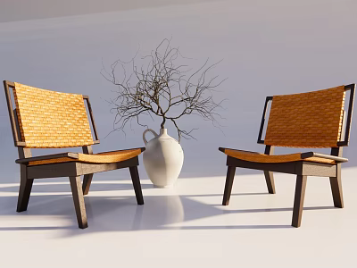 Modern Leisure Chairs With Wooden Frame Woven Seat Back And White Vase With Twigs 3d model
