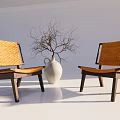 Modern Leisure Chairs With Wooden Frame Woven Seat Back And White Vase With Twigs