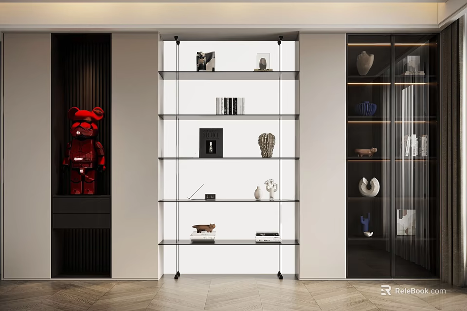 Elegant Modern Display Cabinet With Glass Shelves And Decorative Ornaments 3d model 