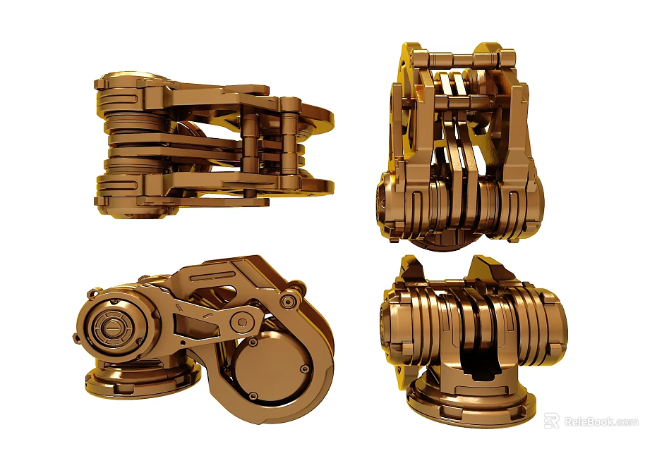 Golden Mechanical Components Showcasing Intricate Industrial Design Structures From Various Angles 3d model 