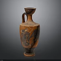 Ancient Carved Vase With Orange Black Body And Decorative Figure Patterns