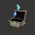 Open Wooden Treasure Chest With Flying Blue Gems And Metal Clasps