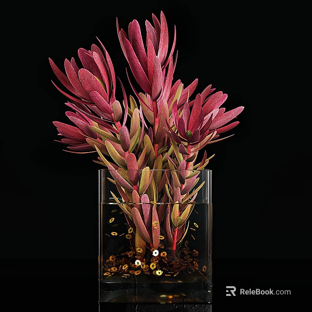Transparent Glass Vase With Pink And Green Flowers And Gold Sequins At The Bottom 3d model 