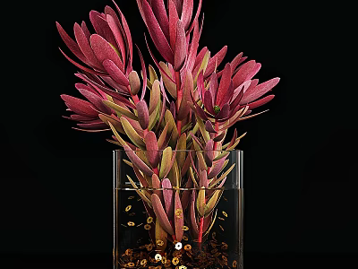 Transparent Glass Vase With Pink And Green Flowers And Gold Sequins At The Bottom 3d model