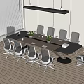 Modern Conference Table With Oval Wooden Top Ten Ergonomic Chairs And Hanging Pendant Light