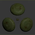 Landscape View Of Gray Sky With Three Green Parachutes Rust Marks And Small Box