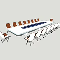 Modern Conference Table With White Surface Blue Central Stripe And Office Chairs With Wheels