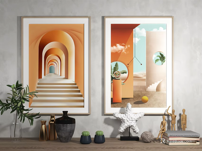 Two Framed Artworks and Table Decor with Arched Steps Geometric Shapes and Plants 3d model 