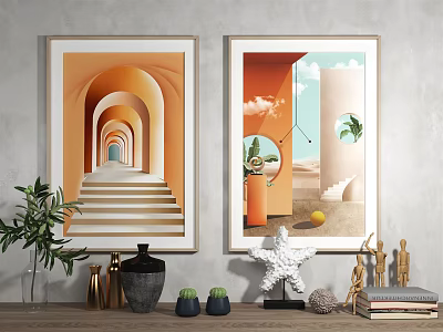 Two Framed Artworks and Table Decor with Arched Steps Geometric Shapes and Plants 3d model