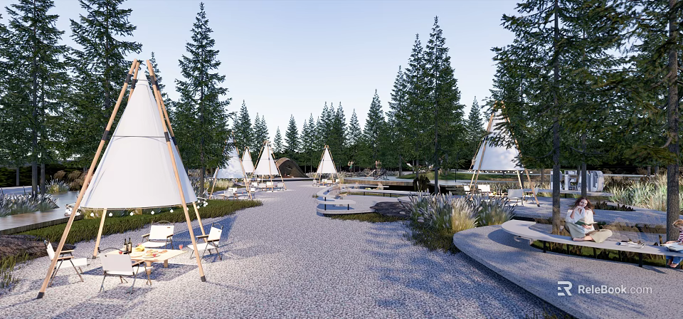 Serene Garden Landscape With White Teepees Pine Trees Gravel Pathway And Seating Areas 3d model 