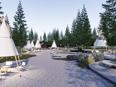 Serene Garden Landscape With White Teepees Pine Trees Gravel Pathway And Seating Areas 3d model