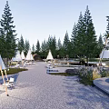 Serene Garden Landscape With White Teepees Pine Trees Gravel Pathway And Seating Areas