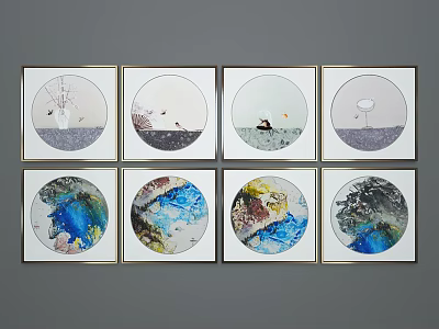 Eight Gold Framed Abstract Paintings With Circular Vibrant Color Artworks Wall 3d model