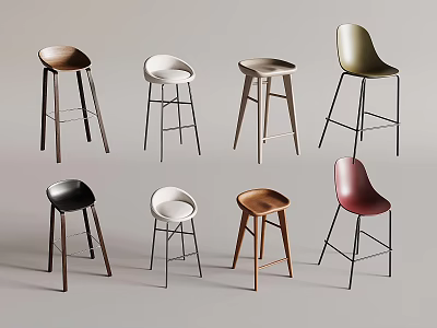 Modern Bar Stools With Different Colors And Metal Wooden Legs For Home Kitchen 3d model