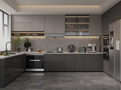 Modern Gray Kitchen Interior With Stone Countertop Appliances And Glass Door Cabinets 3d model
