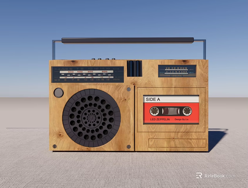 Vintage Wooden Radio With Cassette Deck Red Cassette And Black Speaker On Gray Floor 3d model 