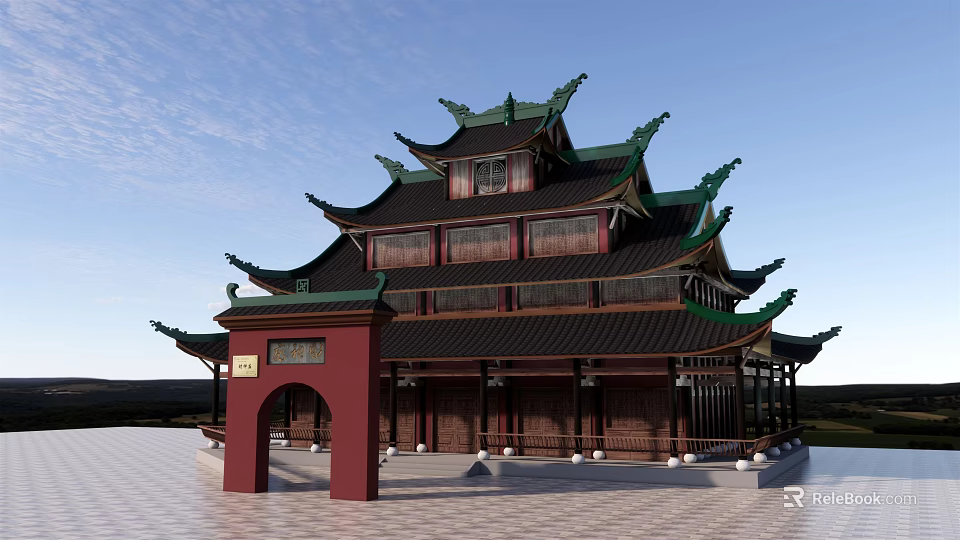 Traditional Ancient Chinese Architecture With Green Curved Eaves And Red Wooden Pillars 3d model 