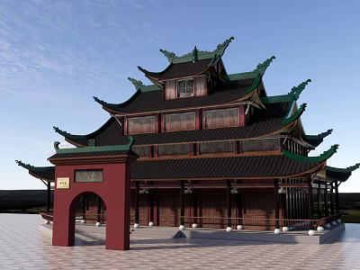 Traditional Ancient Chinese Architecture With Green Curved Eaves And Red Wooden Pillars 3d model