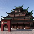 Traditional Ancient Chinese Architecture With Green Curved Eaves And Red Wooden Pillars