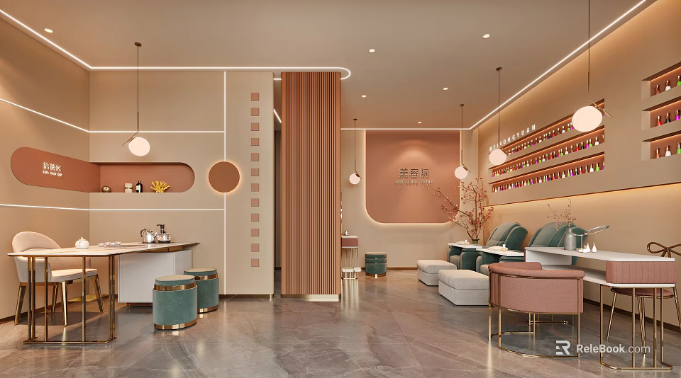 Modern Beauty Hair Salon Interior Design With Comfortable Sofas Decorative Lights And Green Plants 3d model 