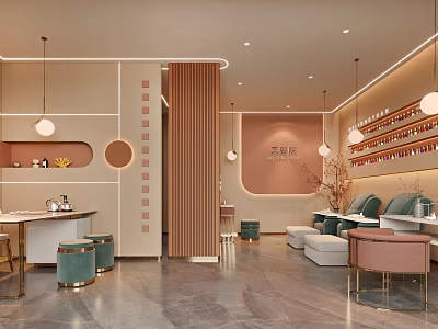 Modern Beauty Hair Salon Interior Design With Comfortable Sofas Decorative Lights And Green Plants 3d model