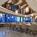 Elegant Modern Restaurant Interior With Curved Ceilings And Hanging Lamps