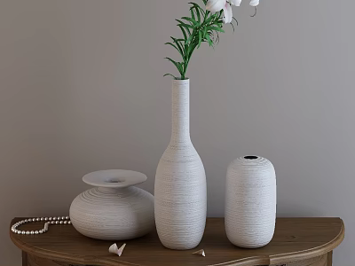 White Textured Vases With Fresh Flowers On Wooden Table With Pearl Necklace And Petals 3d model