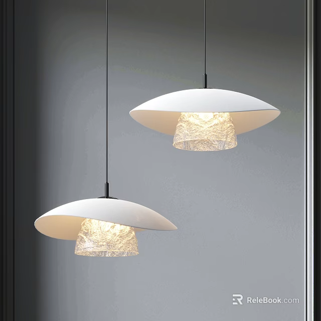 Two Modern White Pendant Lights With Transparent Textured Shades Illuminated In Interior 3d model 